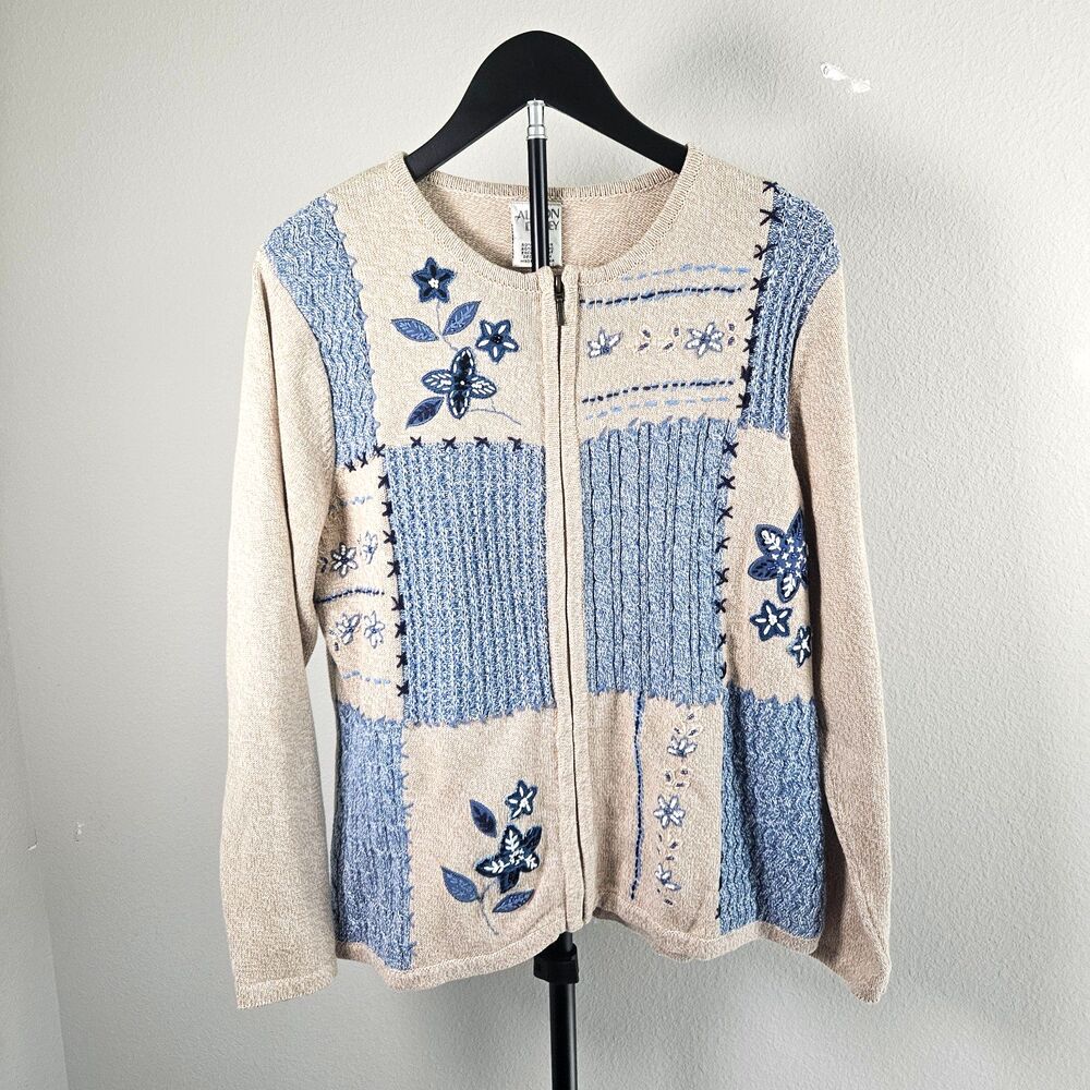 Allison Daley Medium Zip Cardigan Sweater Blue Floral Patchwork Embroidered M